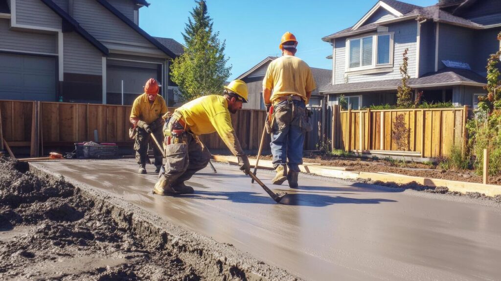 construction-workers-leveling-wet-concrete-with-tools-in-front-of-houses-photo